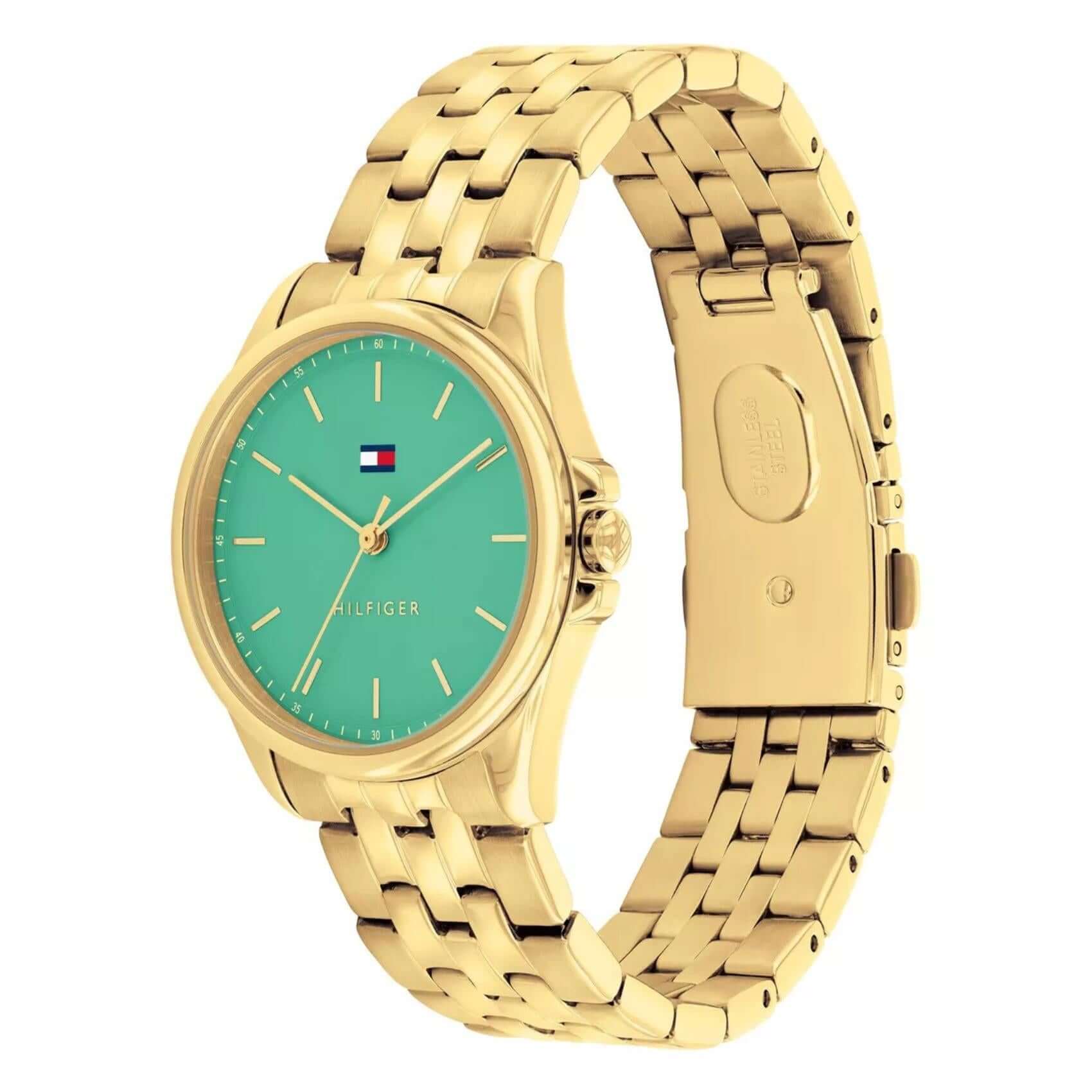 Γυναικείο ρολόι Tommy Hilfiger Jade 1782774 με χρυσό ατσάλινο μπρασελέ και πράσινο καντράν 30mm, πλαϊνή όψη.