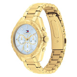 Γυναικείο ρολόι Tommy Hilfiger Mellie 1782783 με χρυσό ατσάλινο μπρασελέ και γαλάζιο καντράν 35mm με ζιργκόν, πλαϊνή όψη.