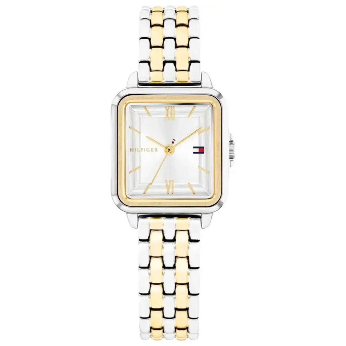 Γυναικείο ρολόι Tommy Hilfiger Mia 1782861 με ασημί-χρυσό μπρασελέ, τετράγωνη κάσα και ασημί καντράν