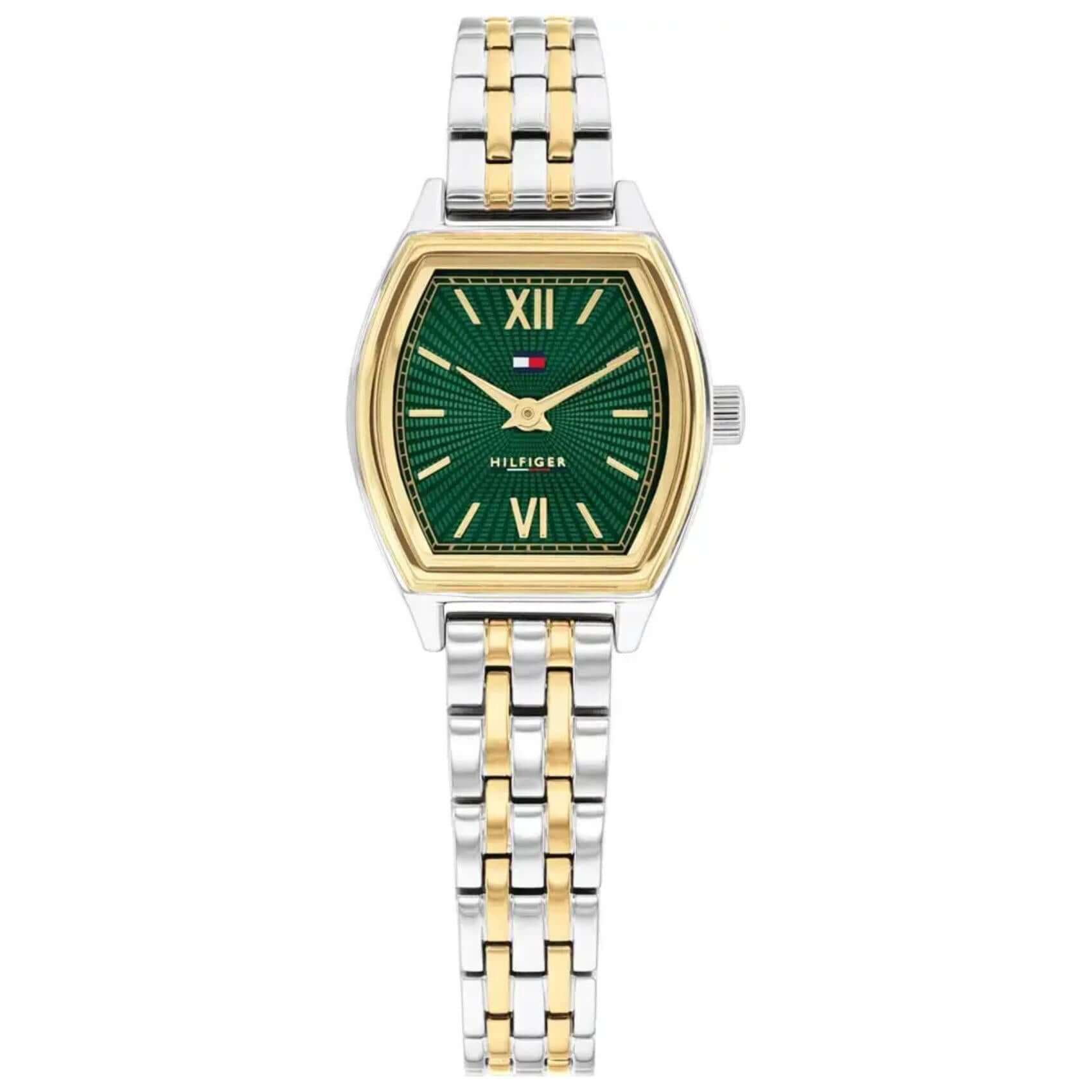 Γυναικείο ρολόι Tommy Hilfiger Norah 1782907 με δίχρωμο ασημί-χρυσό μπρασελέ και πράσινο τετράγωνο καντράν 22mm με χρυσές λεπτομέρειες.