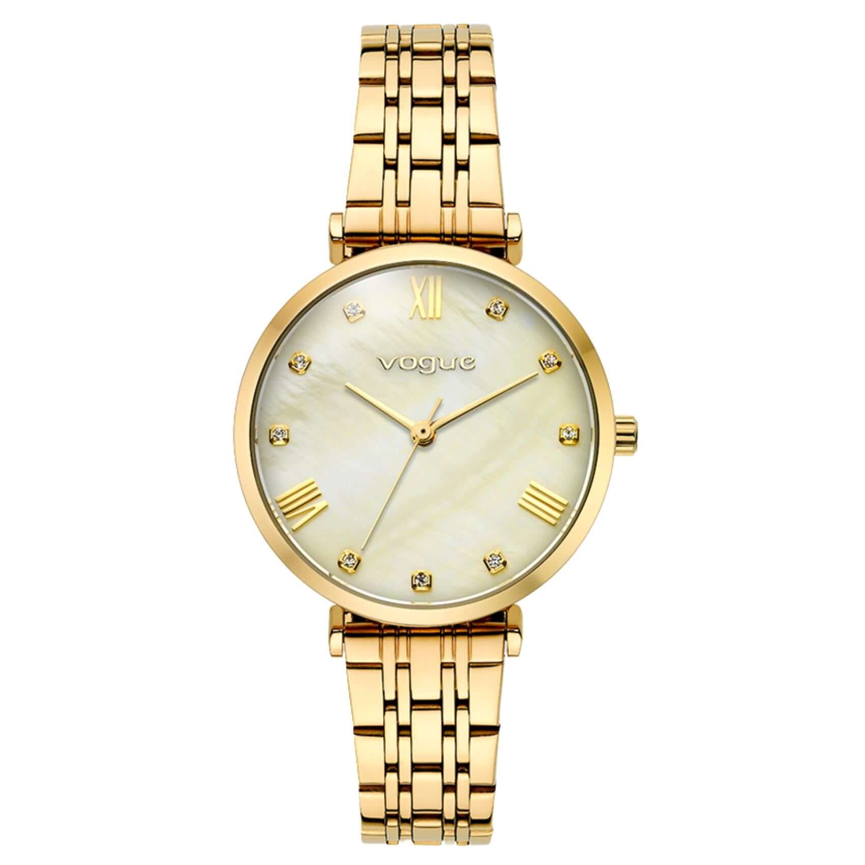 Γυναικείο ρολόι Vogue Bliss Mini 2020617042 με χρυσό μπρασελέ από ανοξείδωτο ατσάλι, σαμπανί φίλντισι καντράν 27mm με ζιργκόν και χρυσούς δείκτες.