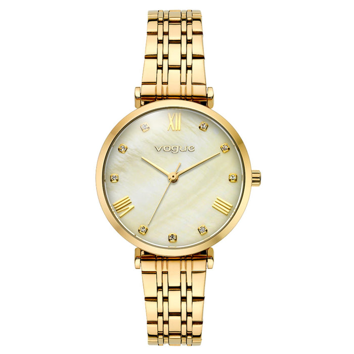 Γυναικείο ρολόι Vogue Bliss Mini 2020617042 με χρυσό μπρασελέ από ανοξείδωτο ατσάλι, σαμπανί φίλντισι καντράν 27mm με ζιργκόν και χρυσούς δείκτες.
