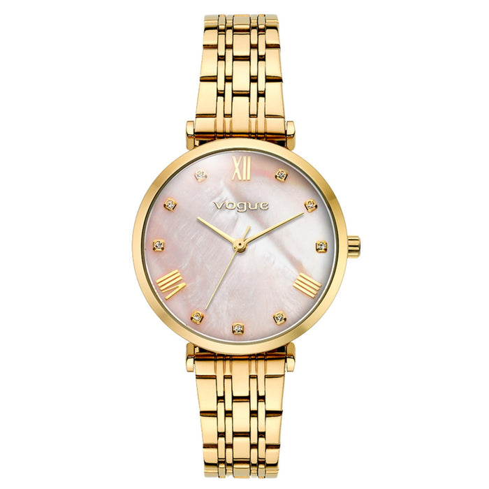 Γυναικείο ρολόι Vogue Bliss Mini 2020617043 με χρυσό μπρασελέ από ανοξείδωτο ατσάλι, ροζ φίλντισι καντράν 27mm με ζιργκόν και χρυσούς δείκτες.