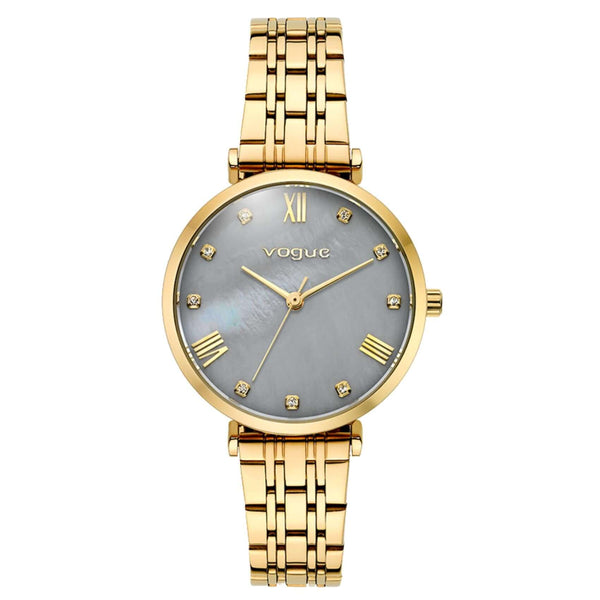 Γυναικείο ρολόι Vogue Bliss Mini 2020617044 με χρυσό μπρασελέ από ανοξείδωτο ατσάλι, γκρι φίλντισι καντράν 27mm με ζιργκόν και χρυσούς δείκτες.