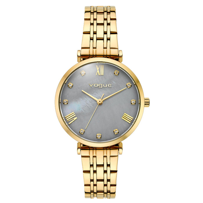 Γυναικείο ρολόι Vogue Bliss Mini 2020617044 με χρυσό μπρασελέ από ανοξείδωτο ατσάλι, γκρι φίλντισι καντράν 27mm με ζιργκόν και χρυσούς δείκτες.