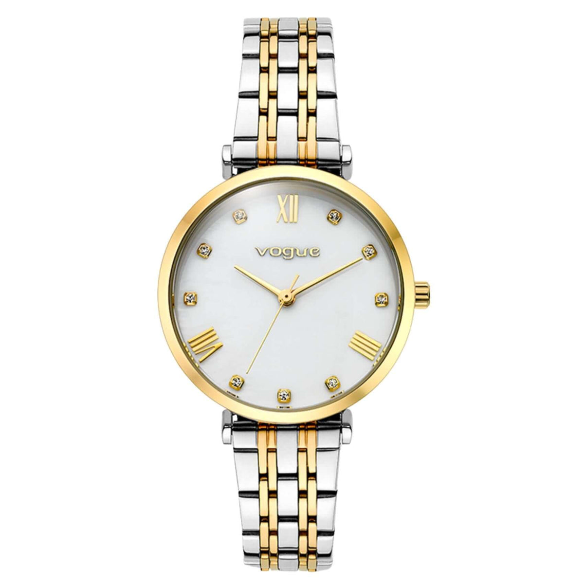 Γυναικείο ρολόι Vogue Bliss Mini 2020617061 με δίχρωμο ασημί-χρυσό μπρασελέ από ανοξείδωτο ατσάλι, λευκό φίλντισι καντράν 27mm με ζιργκόν και χρυσούς δείκτες.