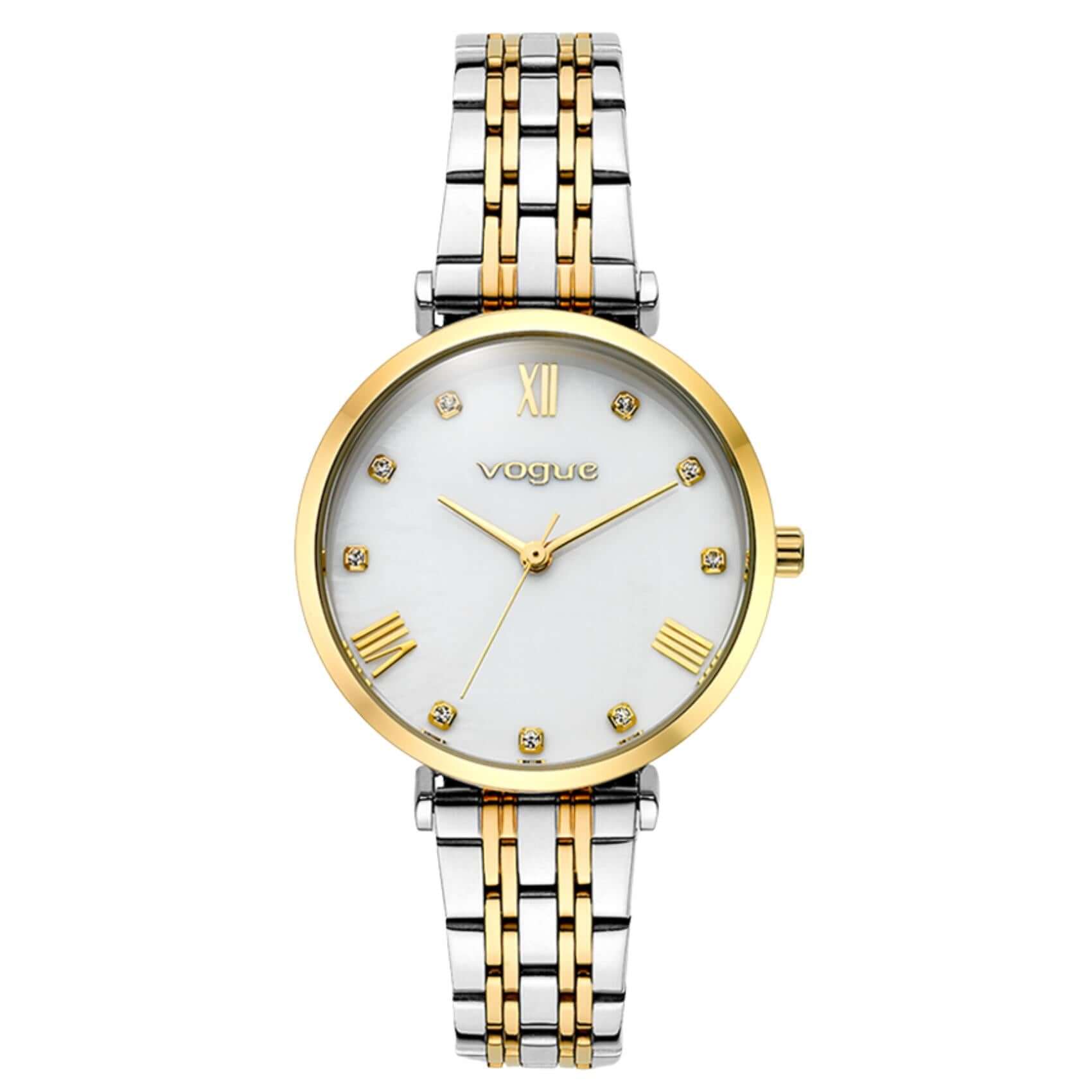 Γυναικείο ρολόι Vogue Bliss Mini 2020617061 με δίχρωμο ασημί-χρυσό μπρασελέ από ανοξείδωτο ατσάλι, λευκό φίλντισι καντράν 27mm με ζιργκόν και χρυσούς δείκτες.