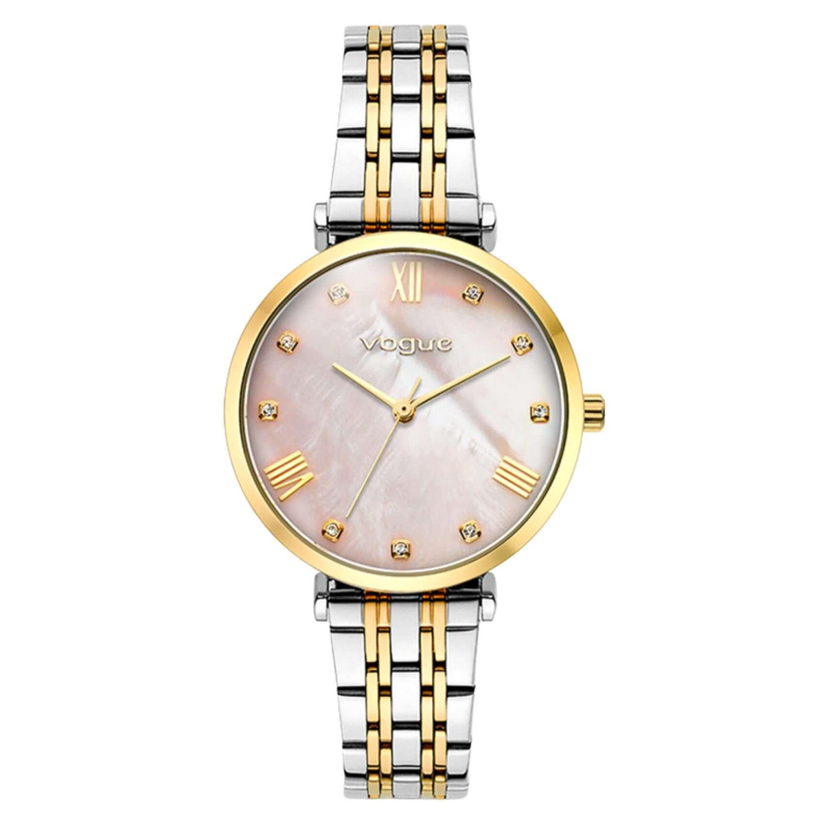 Γυναικείο ρολόι Vogue Bliss Mini 2020617063 με δίχρωμο ασημί-χρυσό μπρασελέ από ανοξείδωτο ατσάλι, ροζ φίλντισι καντράν 27mm με ζιργκόν και χρυσούς δείκτες.