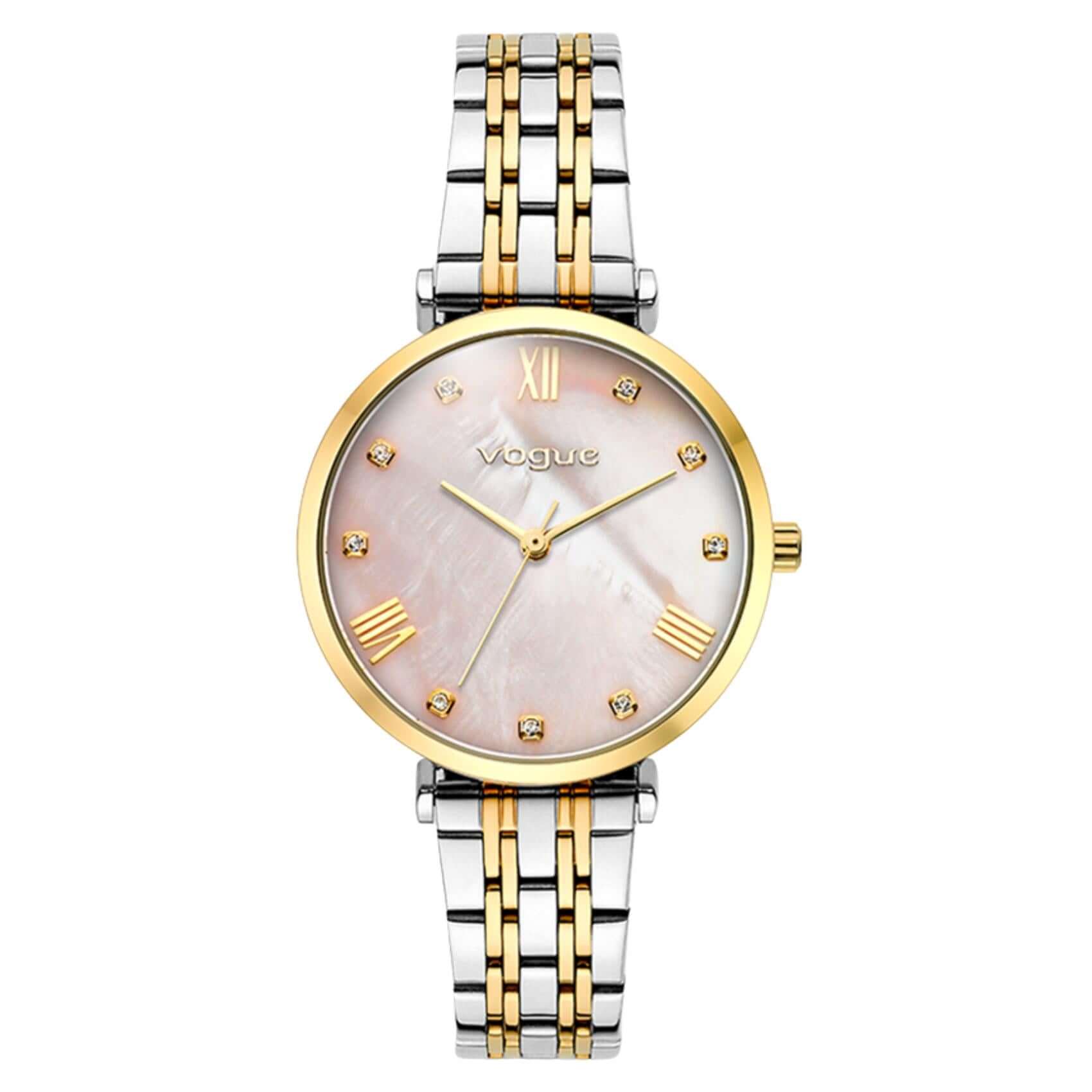 Γυναικείο ρολόι Vogue Bliss Mini 2020617063 με δίχρωμο ασημί-χρυσό μπρασελέ από ανοξείδωτο ατσάλι, ροζ φίλντισι καντράν 27mm με ζιργκόν και χρυσούς δείκτες.
