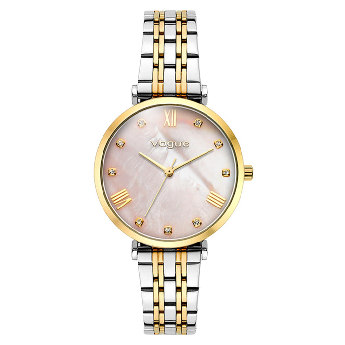 Γυναικείο ρολόι Vogue Bliss Mini 2020617063 με δίχρωμο ασημί-χρυσό μπρασελέ από ανοξείδωτο ατσάλι, ροζ φίλντισι καντράν 27mm με ζιργκόν και χρυσούς δείκτες.