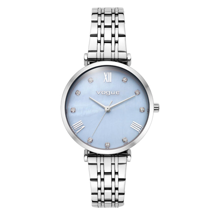 Γυναικείο ρολόι Vogue Bliss Mini 2020617082 με ασημί μπρασελέ από ανοξείδωτο ατσάλι, γαλάζιο φίλντισι καντράν 27mm με ζιργκόν και ασημί δείκτες.
