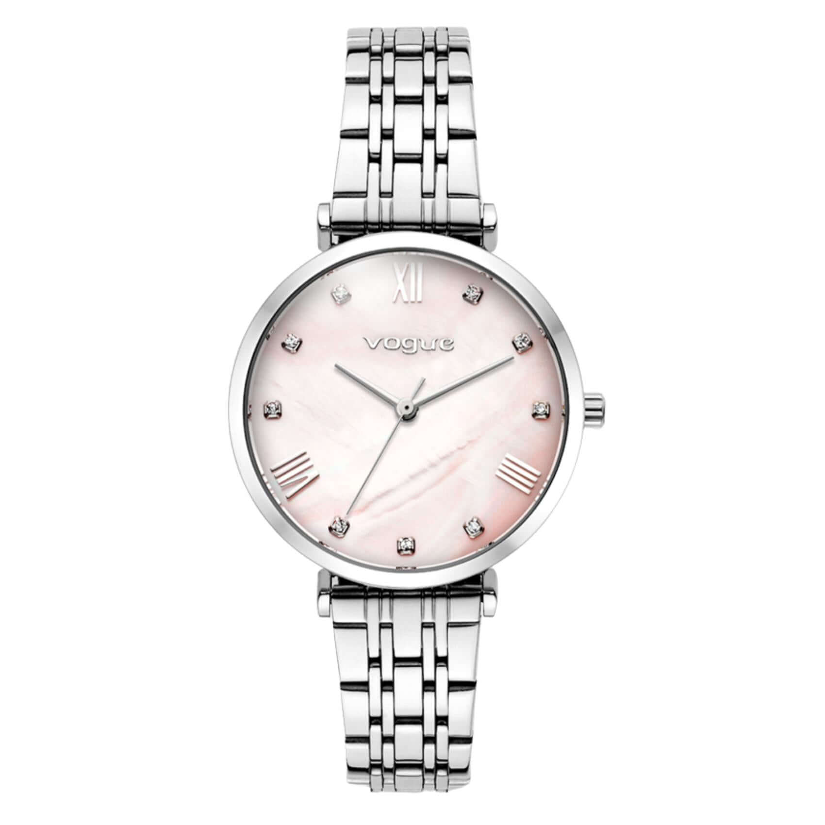 Γυναικείο ρολόι Vogue Bliss Mini 2020617083 με ασημί μπρασελέ από ανοξείδωτο ατσάλι, ροζ φίλντισι καντράν 27mm με ζιργκόν και ασημί δείκτες.
