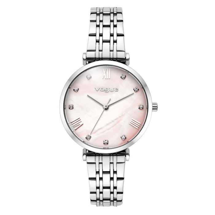 Γυναικείο ρολόι Vogue Bliss Mini 2020617083 με ασημί μπρασελέ από ανοξείδωτο ατσάλι, ροζ φίλντισι καντράν 27mm με ζιργκόν και ασημί δείκτες.