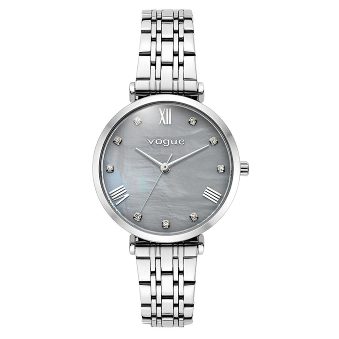 Γυναικείο ρολόι Vogue Bliss Mini 2020617084 με ασημί μπρασελέ από ανοξείδωτο ατσάλι, γκρι φίλντισι καντράν 27mm με ζιργκόν και ασημί δείκτες.