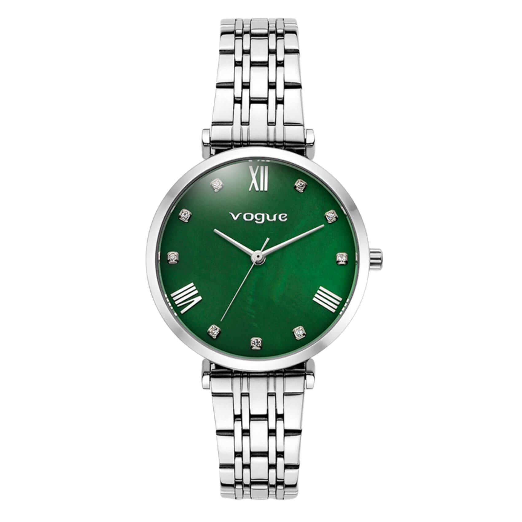 Γυναικείο ρολόι Vogue Bliss Mini 2020617085 με ασημί μπρασελέ από ανοξείδωτο ατσάλι, πράσινο φίλντισι καντράν 27mm με ζιργκόν και ασημί δείκτες.
