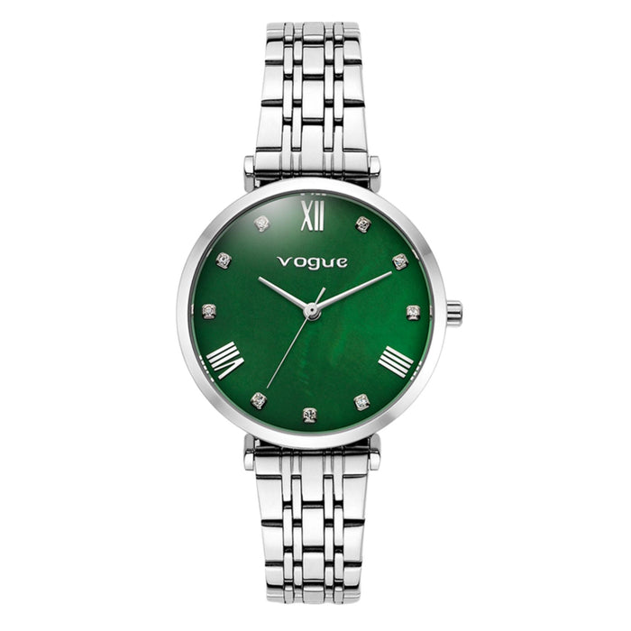Γυναικείο ρολόι Vogue Bliss Mini 2020617085 με ασημί μπρασελέ από ανοξείδωτο ατσάλι, πράσινο φίλντισι καντράν 27mm με ζιργκόν και ασημί δείκτες.