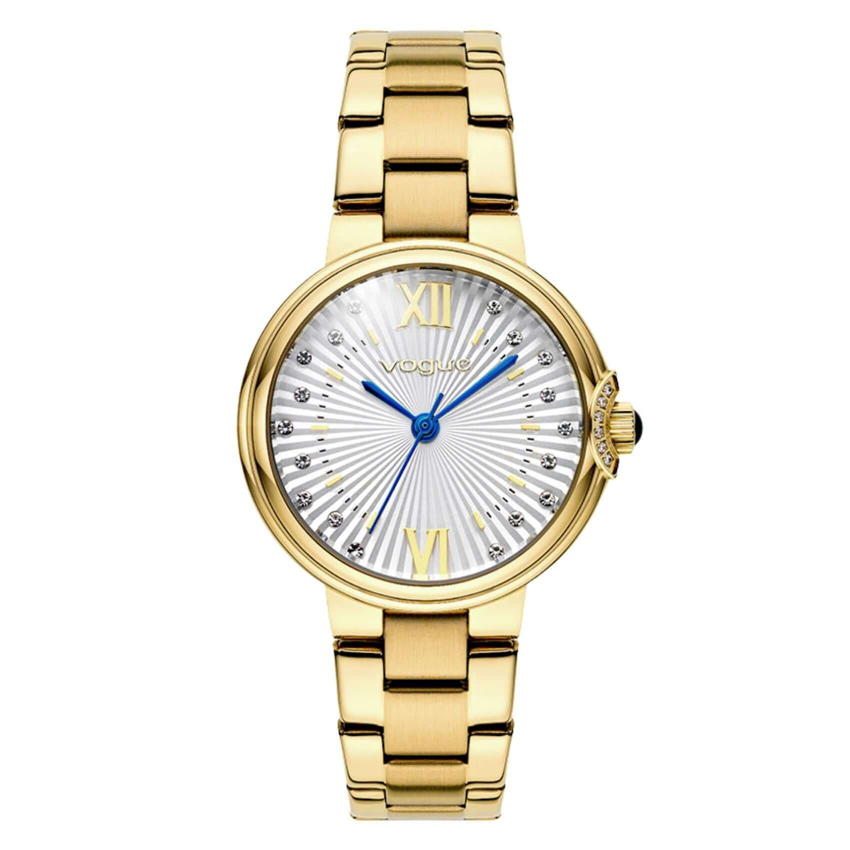 Γυναικείο ρολόι Vogue Carmen Mini 2020616041 με χρυσό ατσάλινο μπρασελέ και ασημί καντράν με ζιργκόν και μπλε δείκτες, διαμέτρου 32mm.