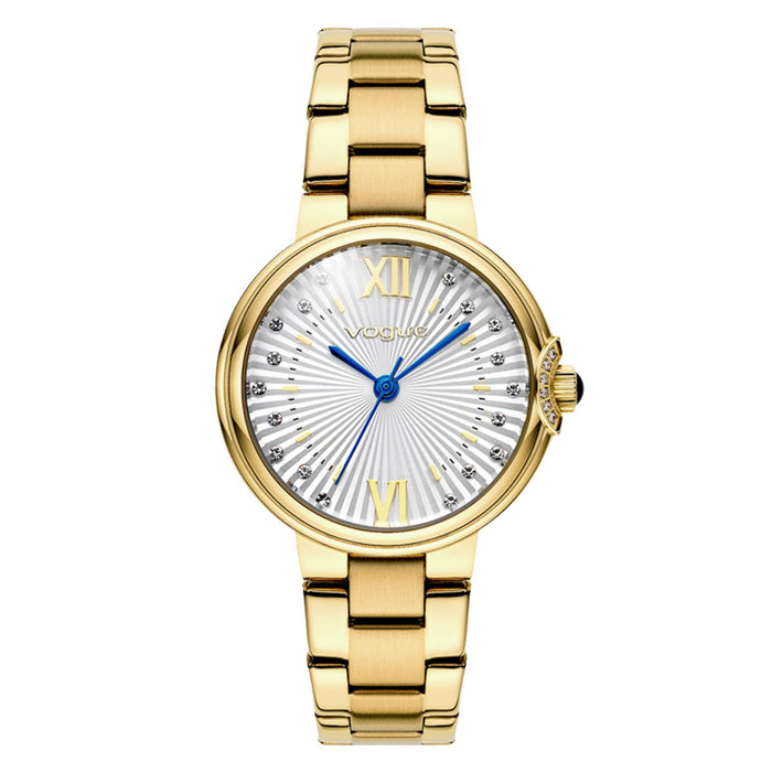Γυναικείο ρολόι Vogue Carmen Mini 2020616041 με χρυσό ατσάλινο μπρασελέ και ασημί καντράν με ζιργκόν και μπλε δείκτες, διαμέτρου 32mm.