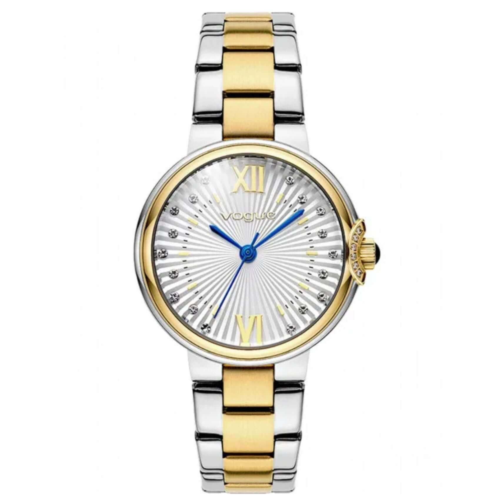 Γυναικείο ρολόι Vogue Carmen Mini 2020616061 με δίχρωμο μπρασελέ σε χρυσό και ασημί, ασημί καντράν με ζιργκόν, μπλε δείκτες και κάσα 32mm