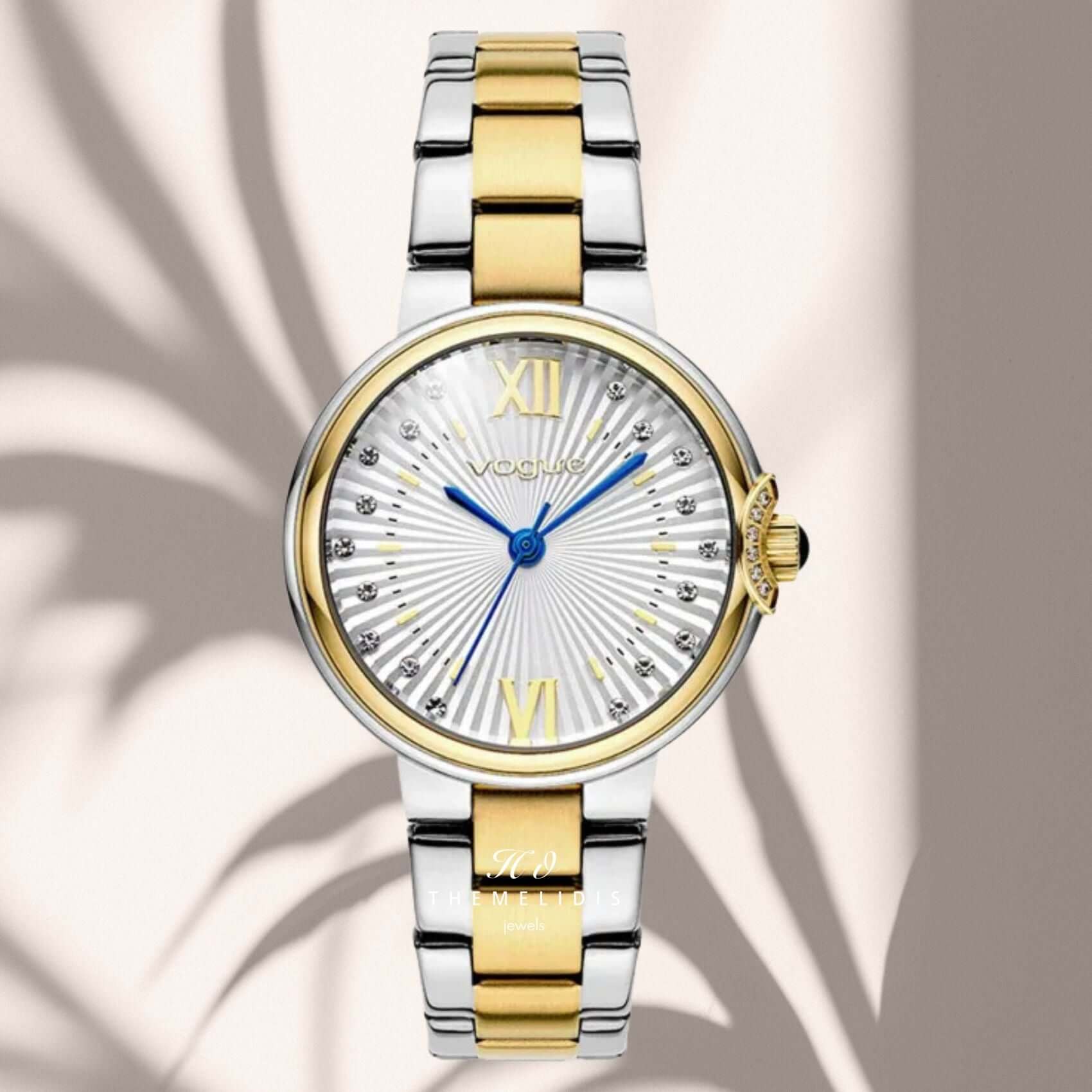 Φωτογραφία του γυναικείου ρολογιού Vogue Carmen Mini 2020616061 με δίχρωμο μπρασελέ και ασημι καντράν με ζιργκόν, αναδεικνύοντας τη λαμπερή και κομψή αισθητική του.