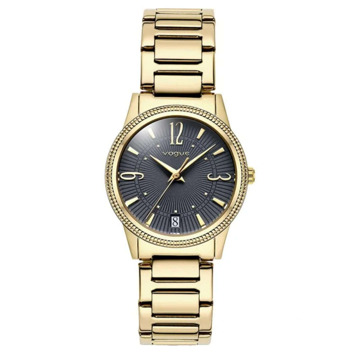 Γυναικείο ρολόι Vogue Corine 2020615741 με χρυσό ατσάλινο μπρασελέ, μαύρο καντράν 30mm και ένδειξη ημερομηνίας, με ορυκτό κρύσταλλο ειδικής σκλήρυνσης.