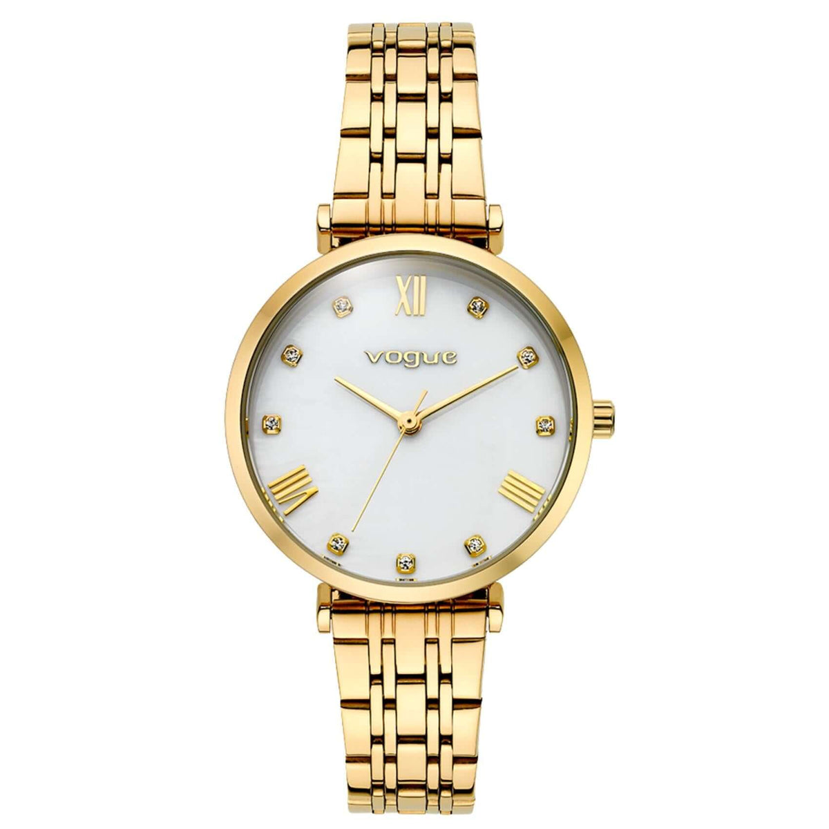 Γυναικείο ρολόι Vogue New Bliss 2020616341 με χρυσό ατσάλινο μπρασελέ και λευκό φίλντισι καντράν 32mm με ένδειξη ημερομηνίας.
