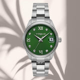 Φωτογραφία του γυναικείου ρολογιού Vogue Reina 2020614183 με ασημί μπρασελέ και πράσινο καντράν, αναδεικνύοντας τον εντυπωσιακό και σύγχρονο σχεδιασμό του