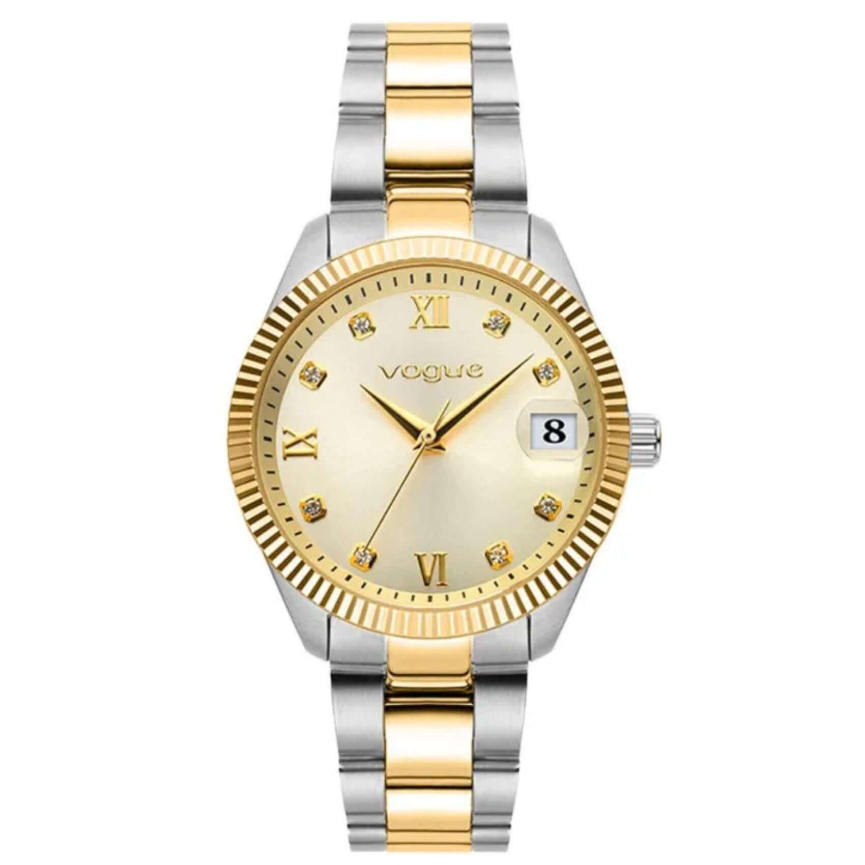 Γυναικείο ρολόι Vogue Reina Medium 2020614262 με δίχρωμο μπρασελέ σε χρυσό και ασημί, χρυσό καντράν 31mm με ένδειξη ημερομηνίας και ορυκτό κρύσταλλο ειδικής σκλήρυνσης