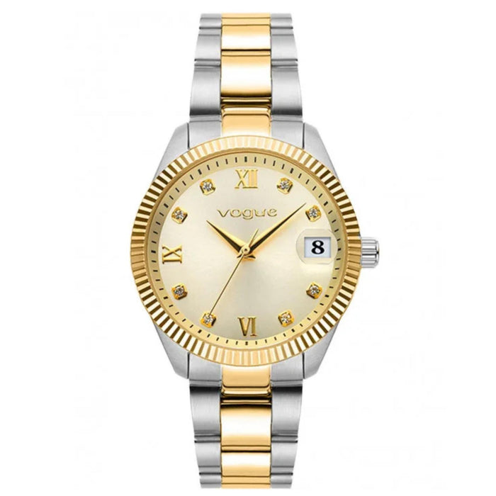 Γυναικείο ρολόι Vogue Reina Medium 2020614262 με δίχρωμο μπρασελέ σε χρυσό και ασημί, χρυσό καντράν 31mm με ένδειξη ημερομηνίας και ορυκτό κρύσταλλο ειδικής σκλήρυνσης