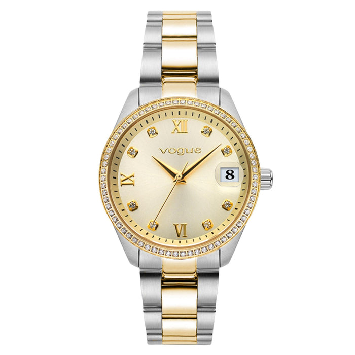 Γυναικείο ρολόι VOGUE Reina Medium 2020614264 με δίχρωμο μπρασελέ από ανοξείδωτο ατσάλι σε χρυσό και ασημί, σαμπανί καντράν 31mm, κάσα με ζιργκόν και ένδειξη ημερομηνίας.