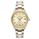 Γυναικείο ρολόι VOGUE Reina Medium 2020614264 με δίχρωμο μπρασελέ από ανοξείδωτο ατσάλι σε χρυσό και ασημί, σαμπανί καντράν 31mm, κάσα με ζιργκόν και ένδειξη ημερομηνίας.