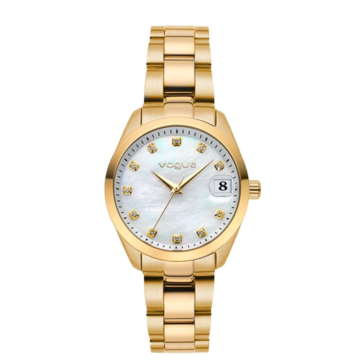 Γυναικείο ρολόι Vogue Reina Mini 2020614341 με χρυσό ατσάλινο μπρασελέ και λευκό φίλντισι καντράν 27mm με ένδειξη ημερομηνίας.