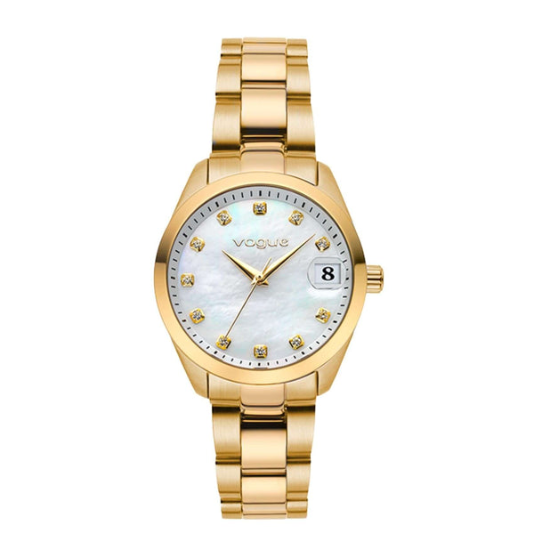 Γυναικείο ρολόι Vogue Reina Mini 2020614341 με χρυσό ατσάλινο μπρασελέ και λευκό φίλντισι καντράν 27mm με ένδειξη ημερομηνίας.