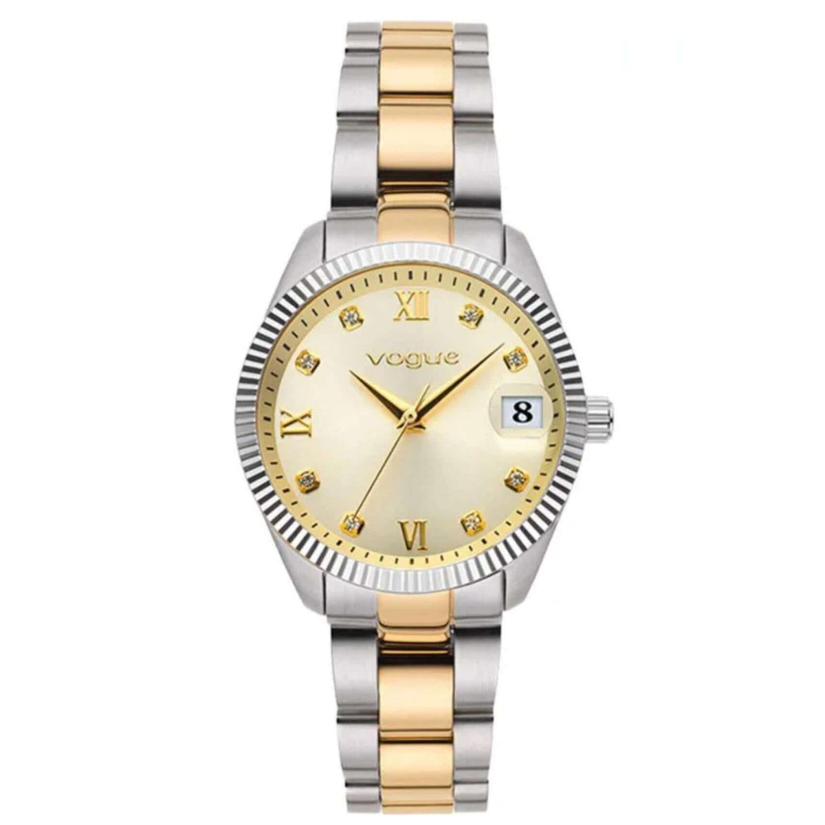 Γυναικείο ρολόι Vogue Reina Mini 2020614342 με δίχρωμο μπρασελέ σε χρυσό και ασημί, χρυσό καντράν διαμέτρου 27mm με ένδειξη ημερομηνίας και ορυκτό κρύσταλλο ειδικής σκλήρυνσης