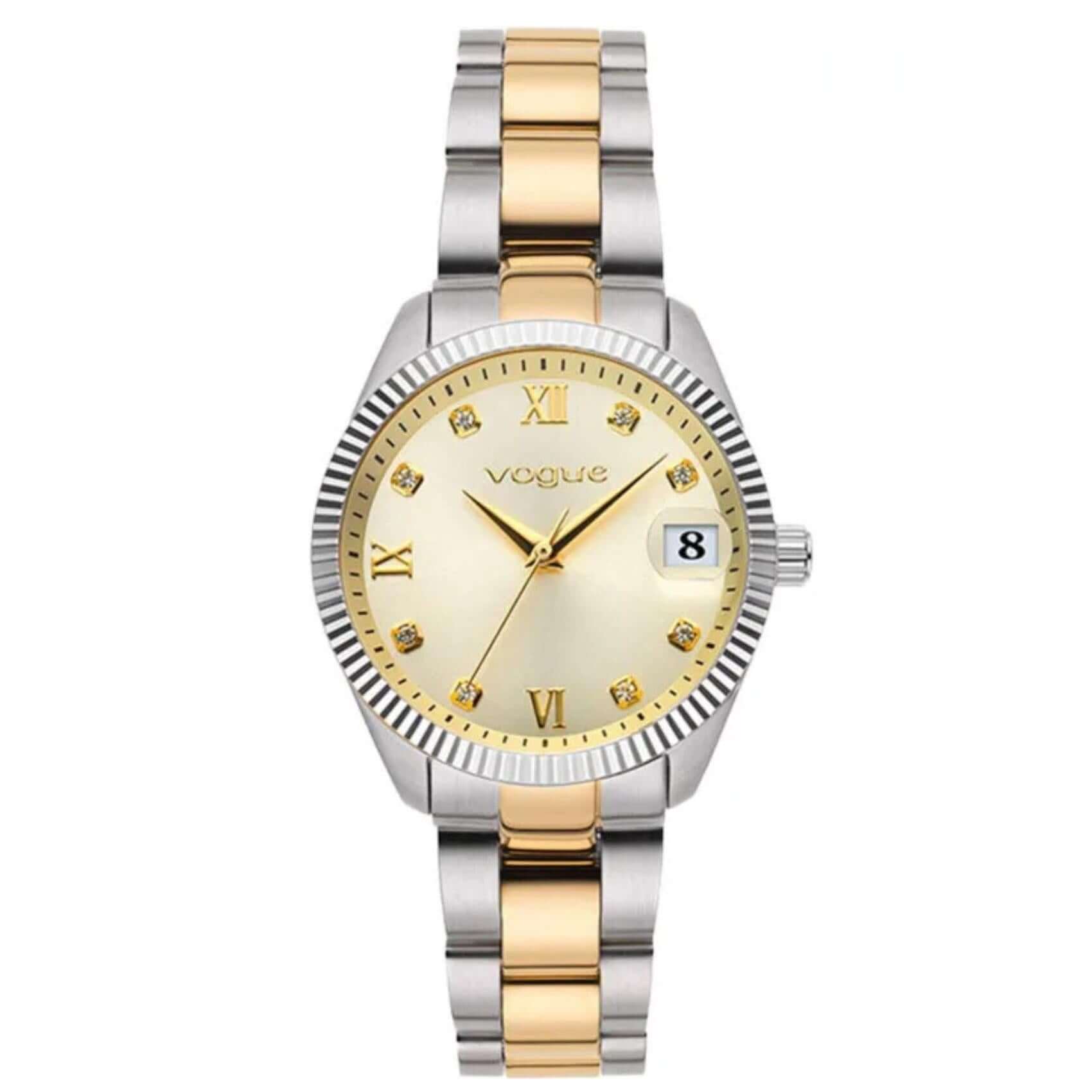 Γυναικείο ρολόι Vogue Reina Mini 2020614342 με δίχρωμο μπρασελέ σε χρυσό και ασημί, χρυσό καντράν διαμέτρου 27mm με ένδειξη ημερομηνίας και ορυκτό κρύσταλλο ειδικής σκλήρυνσης
