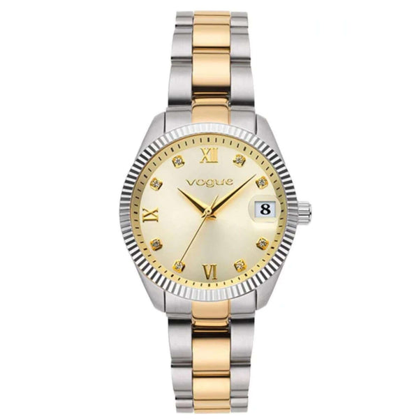 Γυναικείο ρολόι Vogue Reina Mini 2020614342 με δίχρωμο μπρασελέ σε χρυσό και ασημί, χρυσό καντράν διαμέτρου 27mm με ένδειξη ημερομηνίας και ορυκτό κρύσταλλο ειδικής σκλήρυνσης