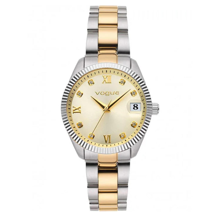 Γυναικείο ρολόι Vogue Reina Mini 2020614342 με δίχρωμο μπρασελέ σε χρυσό και ασημί, χρυσό καντράν διαμέτρου 27mm με ένδειξη ημερομηνίας και ορυκτό κρύσταλλο ειδικής σκλήρυνσης