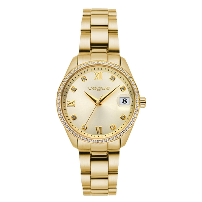 Γυναικείο ρολόι Vogue Reina Mini 2020614344 με χρυσό ατσάλινο μπρασελέ και σαμπανί καντράν 27mm με κάσα διακοσμημένη με ζιργκόν και ένδειξη ημερομηνίας.