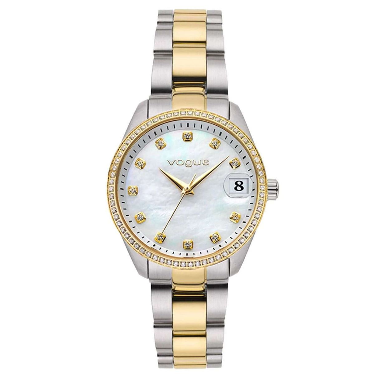 Γυναικείο ρολόι Vogue Reina Mini 2020614364 με δίχρωμο μπρασελέ σε χρυσό και ασημί, λευκό φίλντισι καντράν 27mm με ζιργκόν και χρυσούς δείκτες, με ορυκτό κρύσταλλο ειδικής σκλήρυνσης