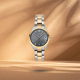 υναικείο ρολόι Vogue Reina Mini 2020614366 με γκρι καντράν 27mm και δίχρωμο ατσάλινο μπρασελέ σε ασημί και χρυσό χρώμα με ένδειξη ημερομηνίας.