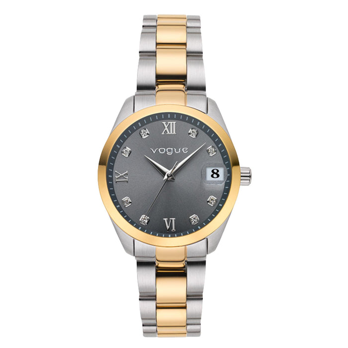Γυναικείο ρολόι Vogue Reina Mini 2020614366 με δίχρωμο ατσάλινο μπρασελέ σε ασημί και χρυσό χρώμα και γκρι καντράν 27mm με ένδειξη ημερομηνίας.