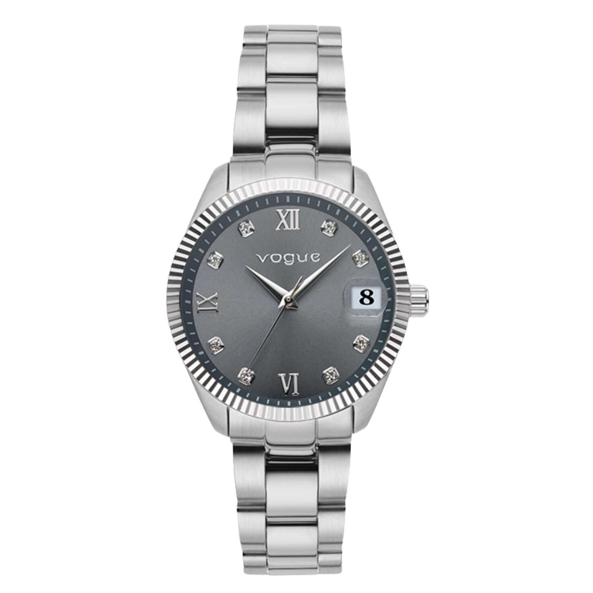 Γυναικείο ρολόι Vogue Reina Mini 2020614383 με ασημί ατσάλινο μπρασελέ και γκρι καντράν 27mm με γραμμωτό ασημί στεφάνι και ένδειξη ημερομηνίας.