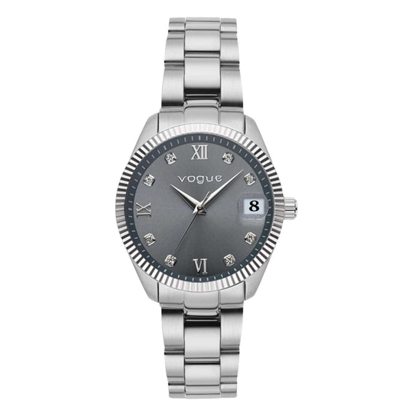 Γυναικείο ρολόι Vogue Reina Mini 2020614383 με ασημί ατσάλινο μπρασελέ και γκρι καντράν 27mm με γραμμωτό ασημί στεφάνι και ένδειξη ημερομηνίας.