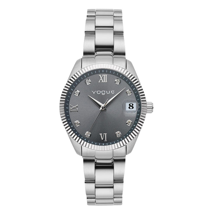 Γυναικείο ρολόι Vogue Reina Mini 2020614383 με ασημί ατσάλινο μπρασελέ και γκρι καντράν 27mm με γραμμωτό ασημί στεφάνι και ένδειξη ημερομηνίας.