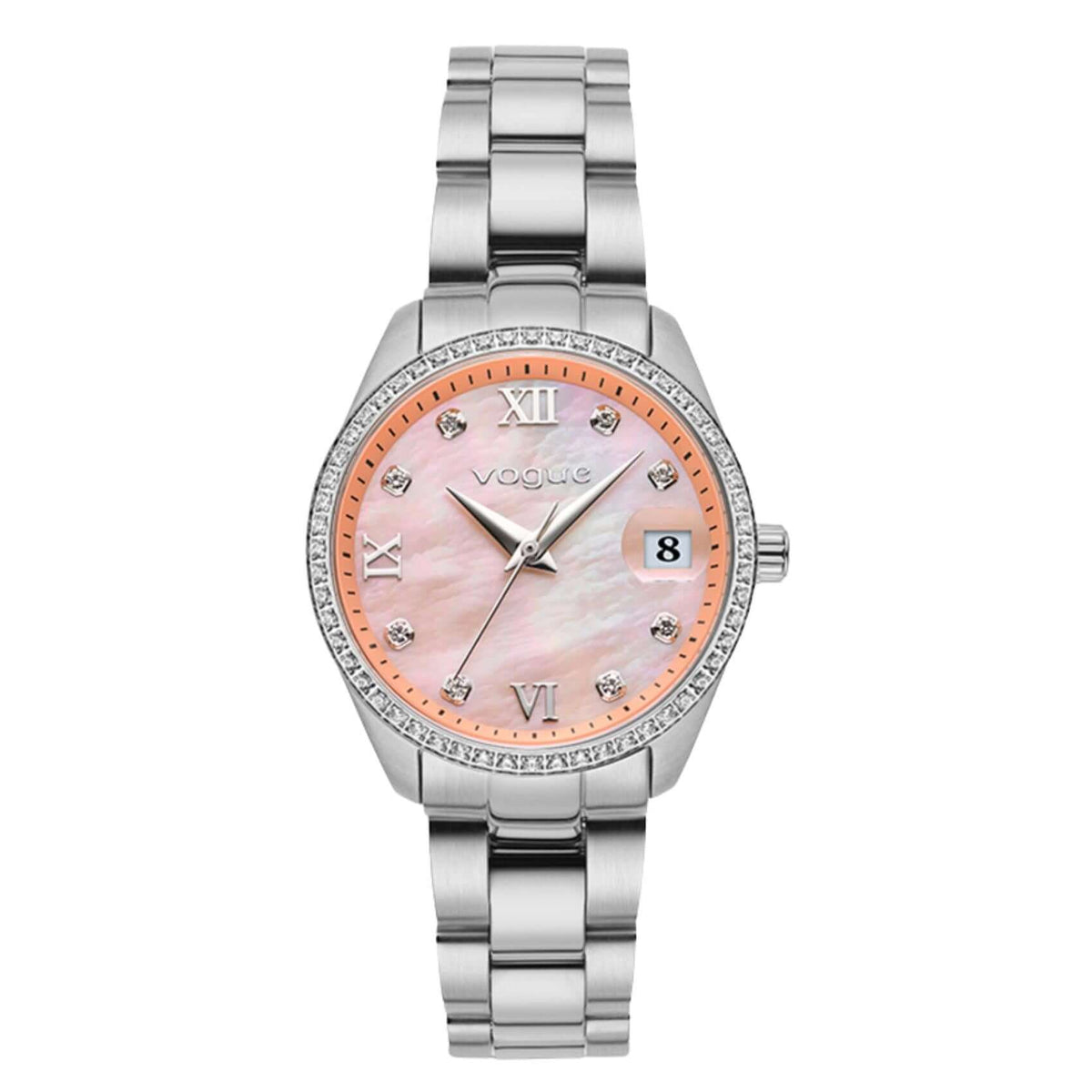 Γυναικείο ρολόι Vogue Reina Mini 2020614385 με ασημί ατσάλινο μπρασελέ και ροζ καντράν 27mm με κάσα διακοσμημένη με ζιργκόν και ένδειξη ημερομηνίας.