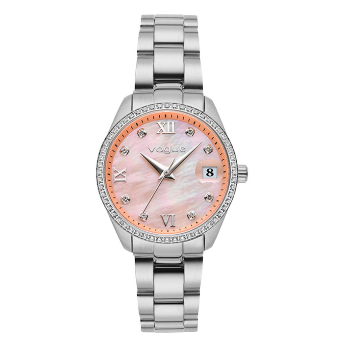 Γυναικείο ρολόι Vogue Reina Mini 2020614385 με ασημί ατσάλινο μπρασελέ και ροζ καντράν 27mm με κάσα διακοσμημένη με ζιργκόν και ένδειξη ημερομηνίας.