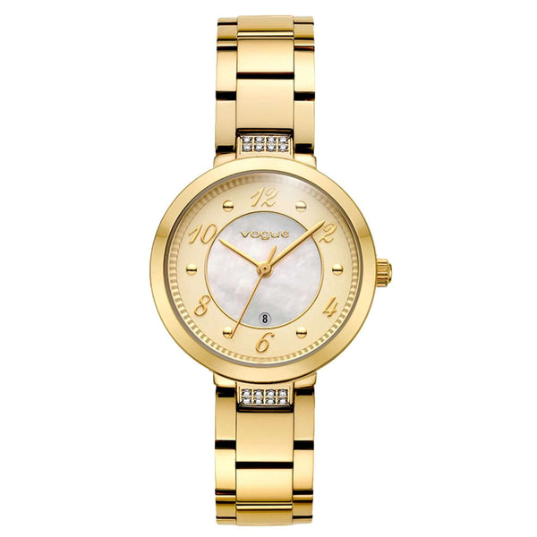 Γυναικείο ρολόι Vogue Zoe 2020616441 με χρυσό μπρασελέ, στρογγυλή κάσα 31mm διακοσμημένη με ζιργκόν και λευκό φίλντισι καντράν με χρυσούς δείκτες.