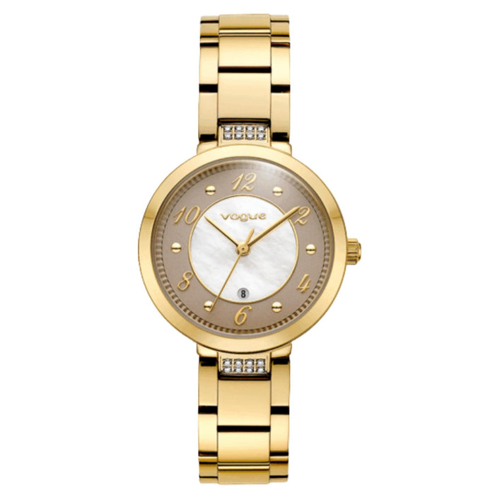 Γυναικείο ρολόι Vogue Zoe 2020616442 με χρυσό ατσάλινο μπρασελέ, καντράν 31mm σε λευκό φίλντισι με ανοιχτό καφέ τόνο και πέτρες στην ένωση της κάσας.
