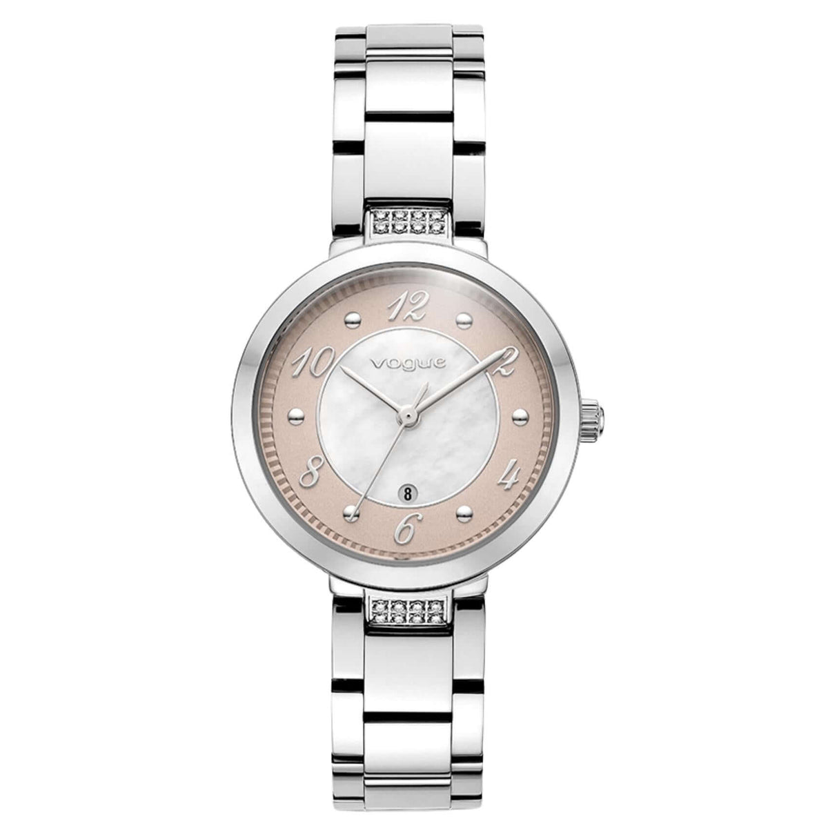 Γυναικείο ρολόι Vogue Zoe 2020616482 με ασημί ατσάλινο μπρασελέ, δίχρωμο καντράν 31mm σε λευκό φίλντισι με ροζ χρυσό τόνο και πέτρες στην ένωση της κάσας.