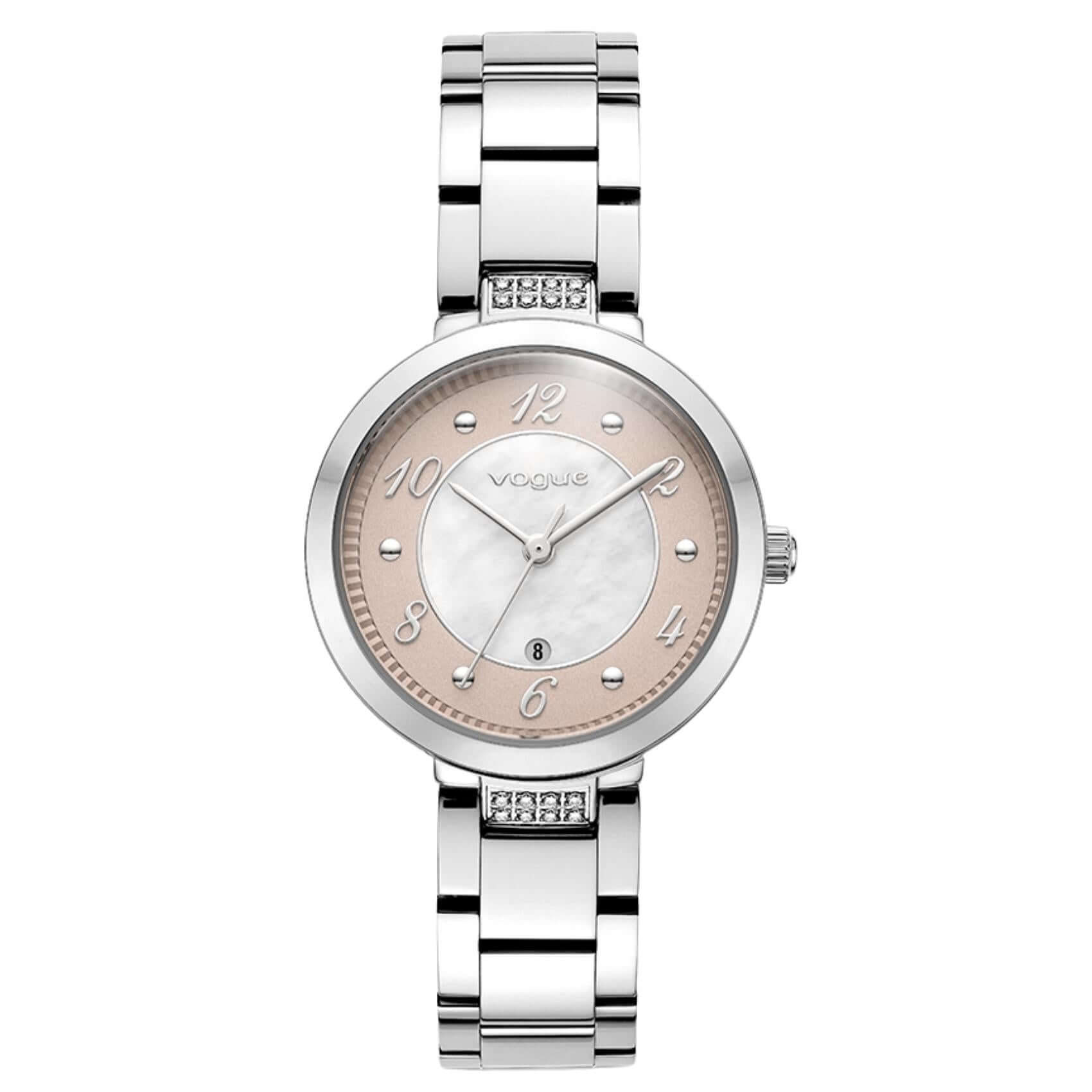 Γυναικείο ρολόι Vogue Zoe 2020616482 με ασημί ατσάλινο μπρασελέ, δίχρωμο καντράν 31mm σε λευκό φίλντισι με ροζ χρυσό τόνο και πέτρες στην ένωση της κάσας.